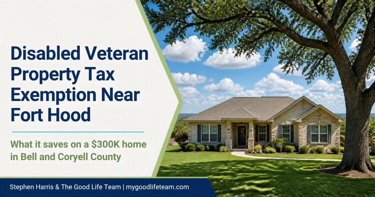 Single-story brick home with a live oak in Central Texas and the headline Disabled Veteran Property Tax Exemption Near Fort Hood, what it saves on a $300K home in Bell and Coryell County